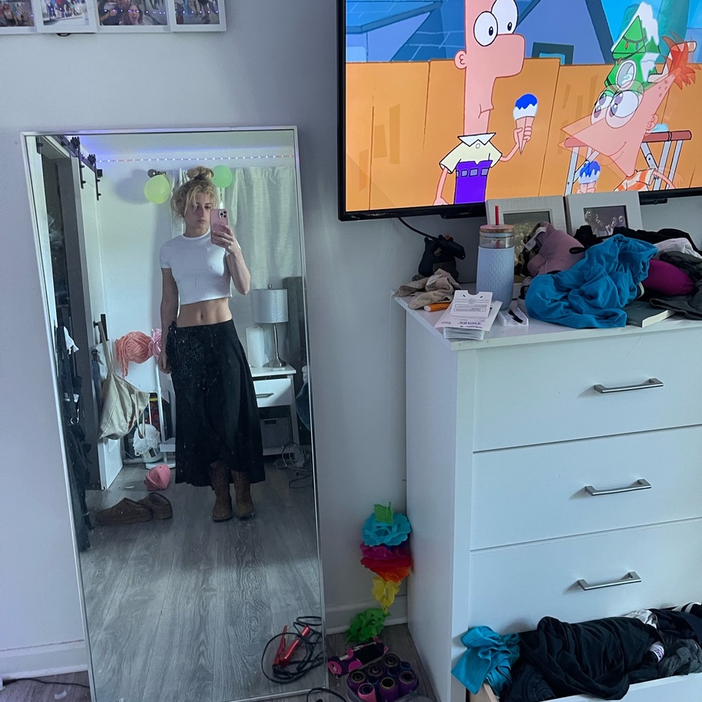 White Crop Top and Black Skirt
